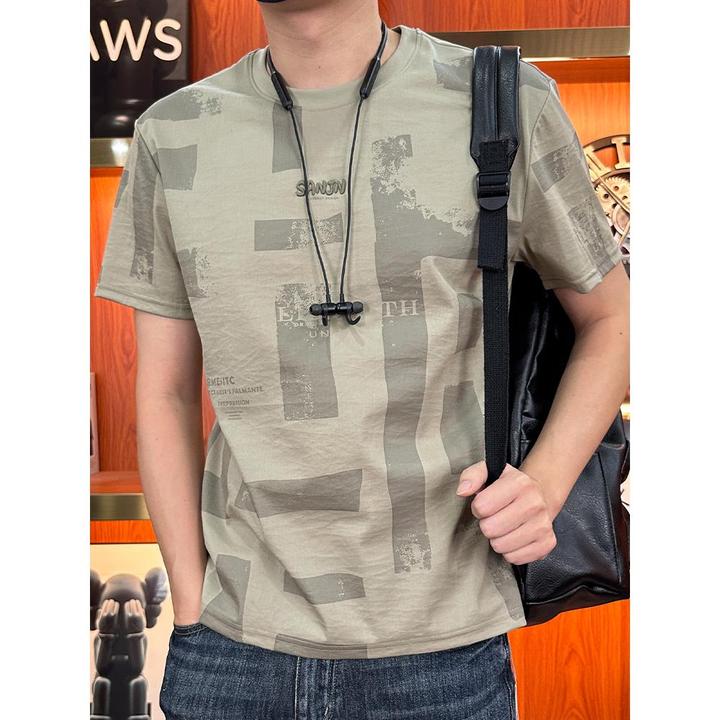 棉麻短袖t恤男潮牌夏季新款薄款男装凉感透气修身满花半袖体恤衫