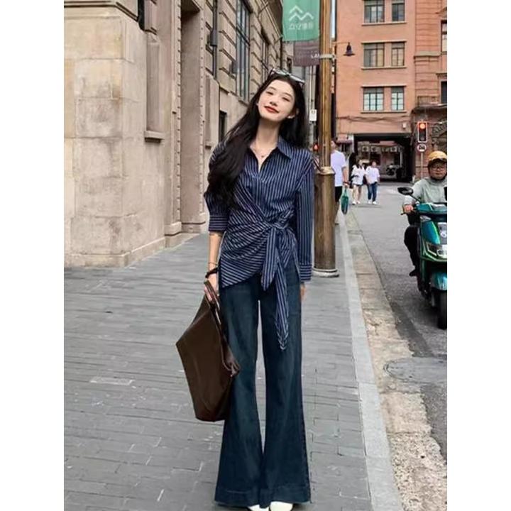 设计感小众不规则条纹衬衫女早春韩系穿搭小个子收腰系带长袖衬衣