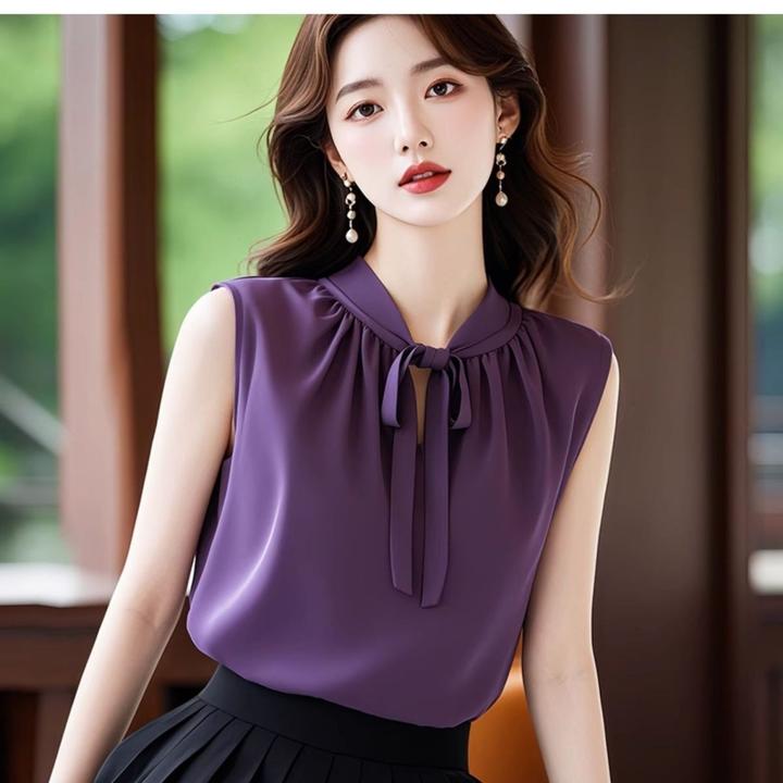 法式轻熟紫色背心无袖衬衫女设计感小众夏季独特别致绑带绝美上衣