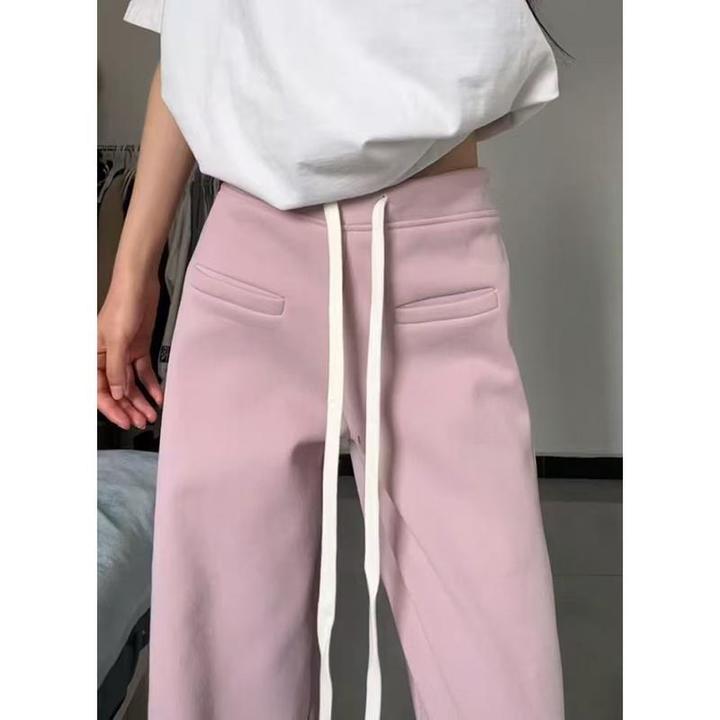 粉色加绒加厚美式垂感直筒宽松运动裤女高腰显瘦休闲阔腿卫裤春季