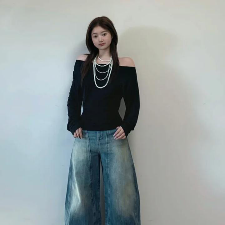 美式复古水洗牛仔裤女春季闪电纹解构感弯刀立体剪裁廓形香蕉长裤