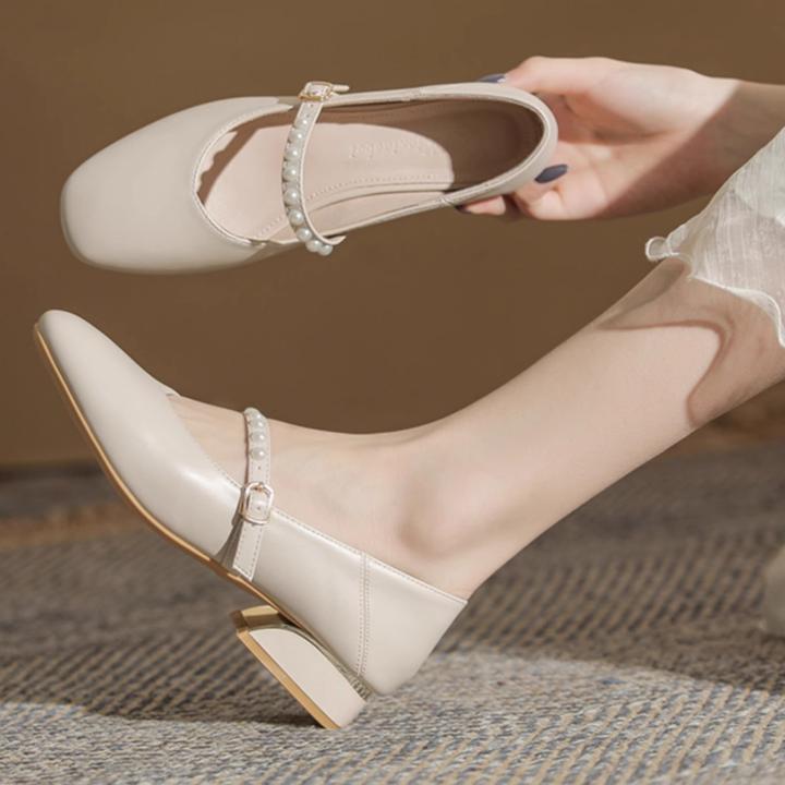 真皮玛丽珍鞋温柔粗跟伴娘方头可穿配裙子汉服软皮单鞋OL通勤风