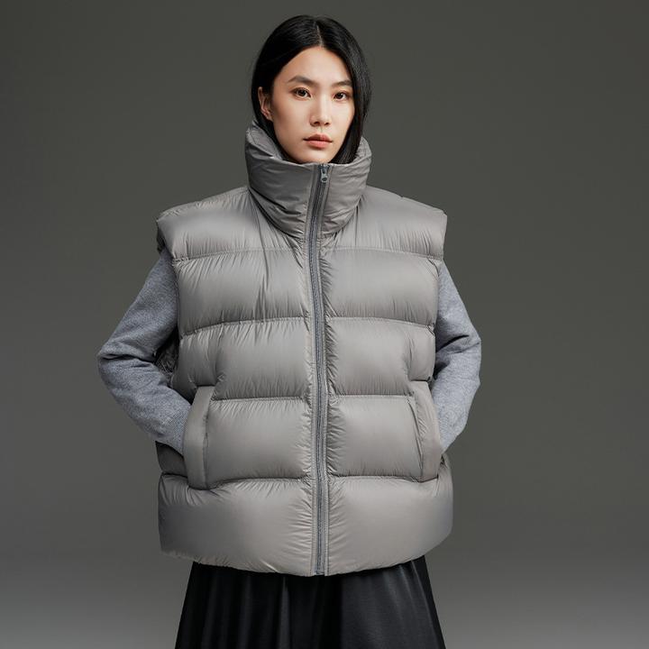 DUCURNO灰色羽绒马甲女冬季2026新款立领背心宽松大码保暖短外套