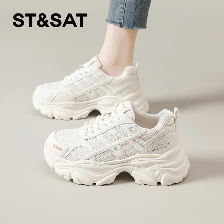 星期六网面运动鞋女款2025秋季新款透气老爹鞋女小个子厚底小白鞋
