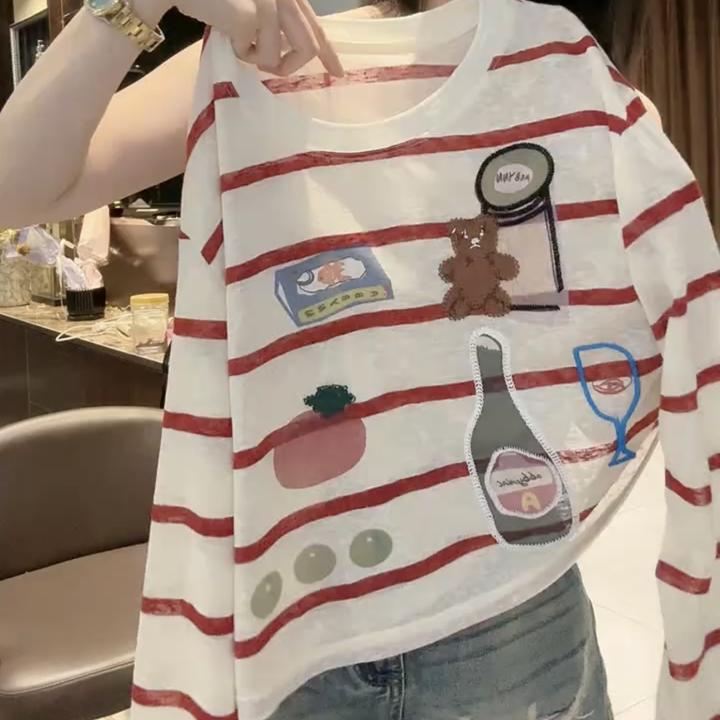 长袖轻薄透气防晒印花卡通宽松型短款T恤女韩版宽松百搭休闲5181