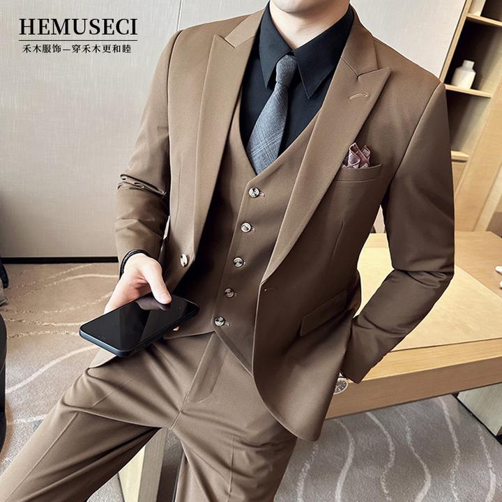 高品质男士婚礼结婚新郎伴郎修身西服戗驳领一粒扣纯色西装三件套