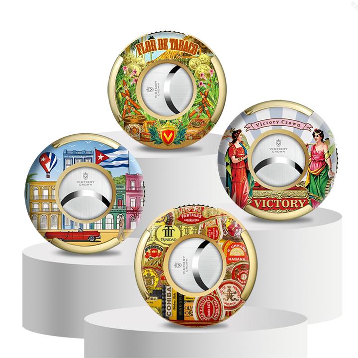 优质颜值平切圆形金属雪茄剪锋利顺滑多款创意图案半自动开合礼盒