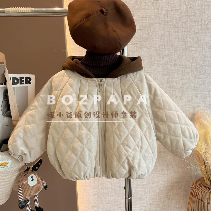啵小爸【浅浅白芙】2025年冬季新款男童韩版连帽菱形格夹棉外套