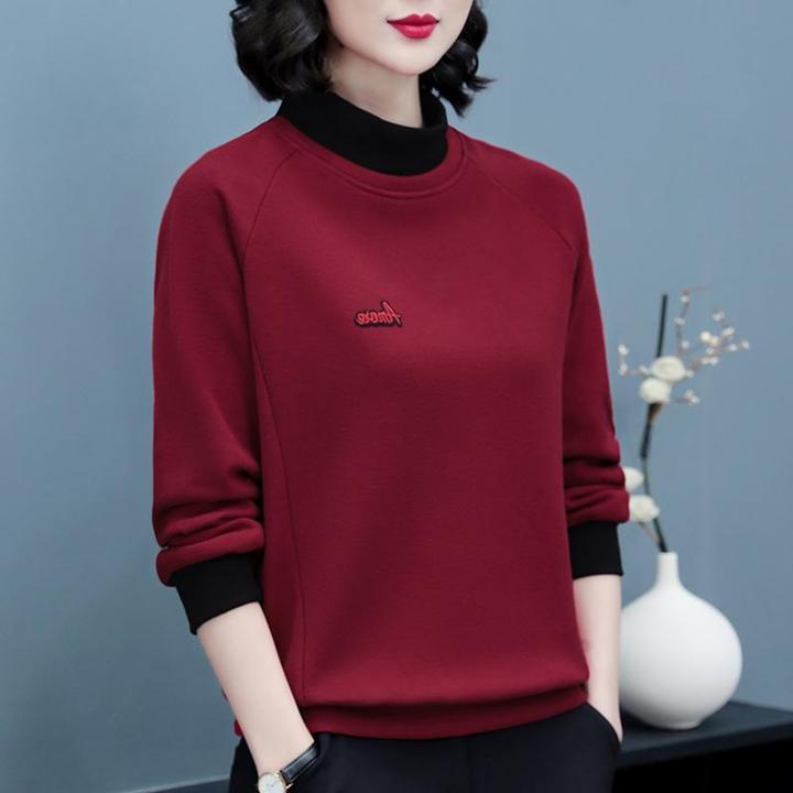 法劳格2025新款女士厚T恤立领秋冬加绒加厚宽松大尺码妈妈休闲 红