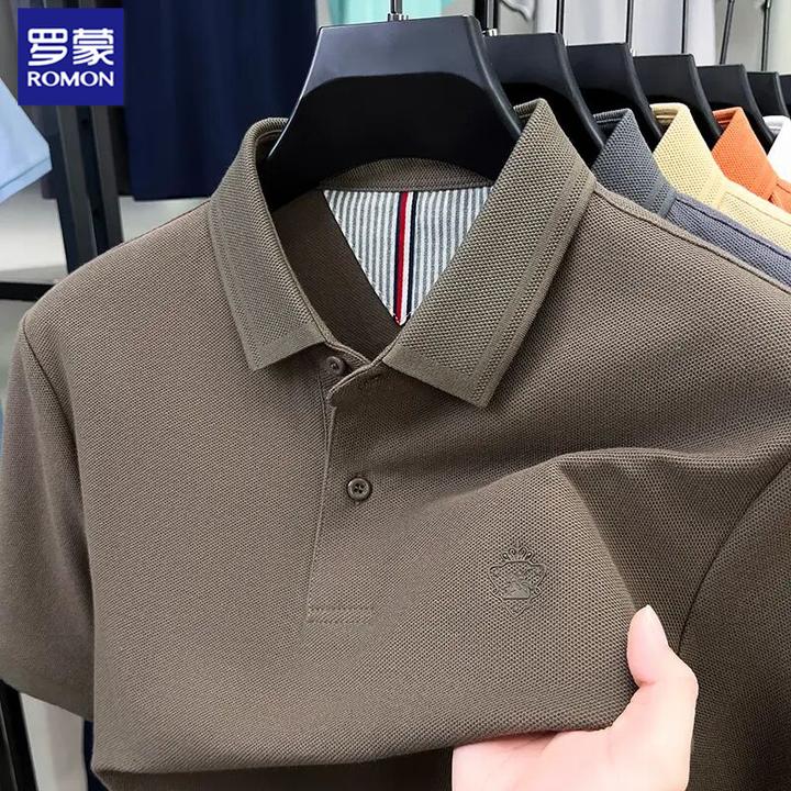 罗蒙100%纯棉卡其Polo衫商务休闲短袖T恤夏季男罗蒙夏季短袖Polo
