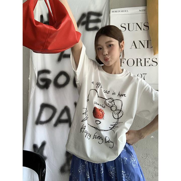 100%纯棉苹果猫咪印花短袖ins风休闲宽松T恤甜妹少女韩情侣上衣