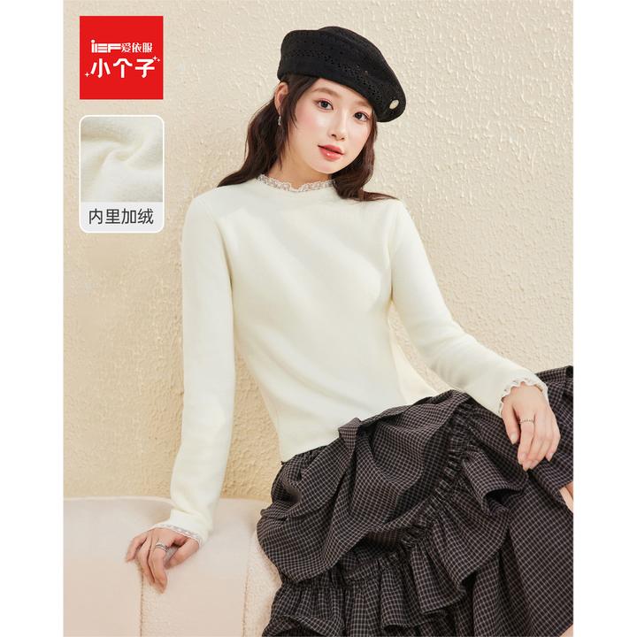 IEF/爱依服2025冬季新款法式温柔通勤风蕾丝拼接加绒百搭毛织上衣