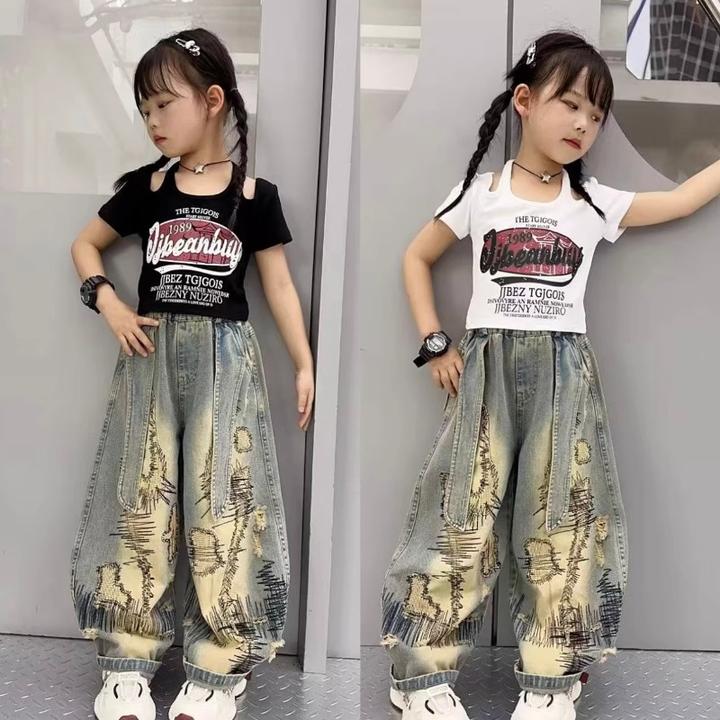 潮酷露肩吊带短袖套装女童夏季2025新款设计感复古双耳牛仔弯刀裤