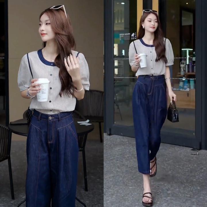 2025夏圆领短袖衬衫女设计小众气质别致显瘦小衫+直筒阔腿牛仔裤