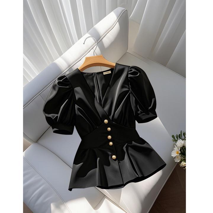 2025夏季新款女装洋气高端别致小衫上衣轻熟法式小众黑色短袖衬衫