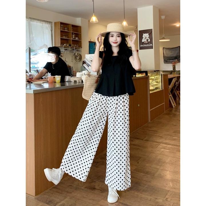 夏装搭配一整套装女大码胖mm方领衬衫波点阔腿裤子休闲时尚两件套