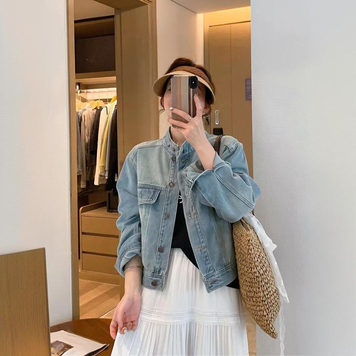 韩版复古蓝色立领休闲百搭水洗牛仔短外套女2025春季新款气质上衣
