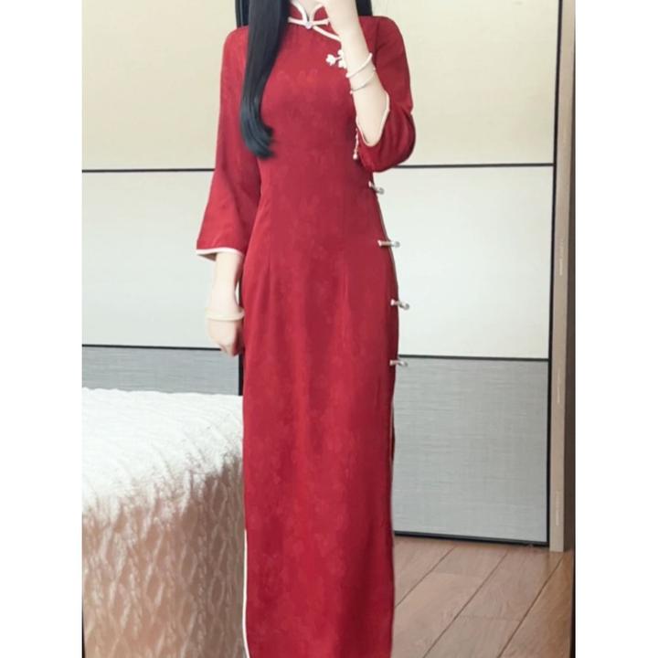 画报夫人抹茶新款新中式红色旗袍修身结婚订婚礼服连衣裙