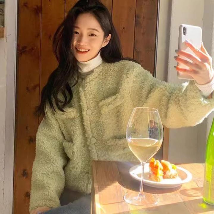 莲叶小香风短款加绒外套女秋冬新款韩版宽松保暖小个子开衫上衣