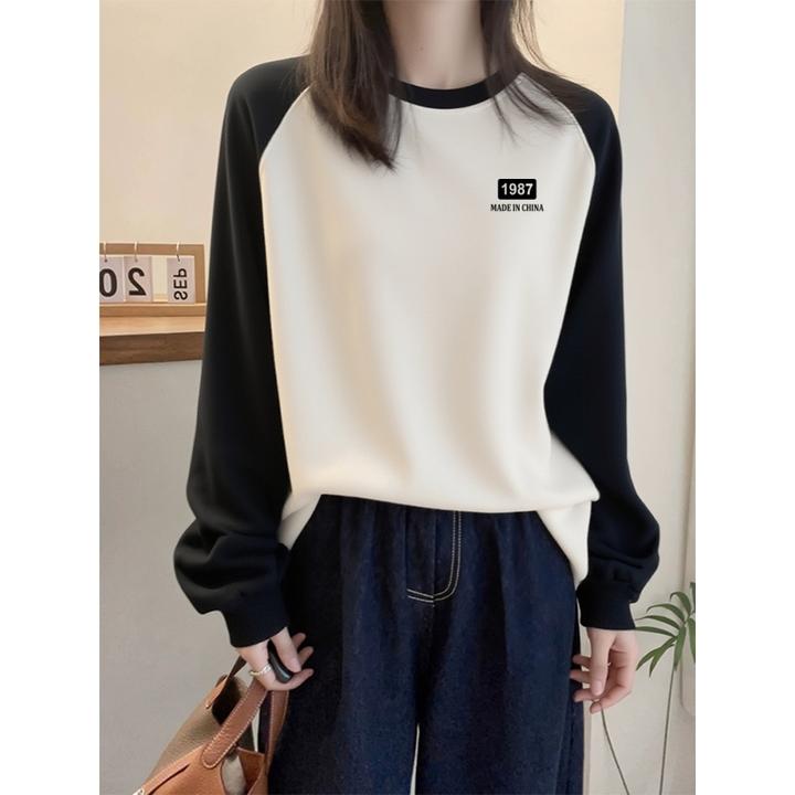 爆款字母印花圆领插肩卫衣女秋冬季大码胖mm显瘦设计时尚加绒加厚