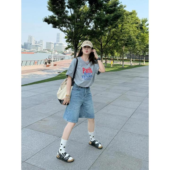 浅色直筒牛仔短裤女夏季2025新款小个子a字显瘦宽松阔腿五分中裤