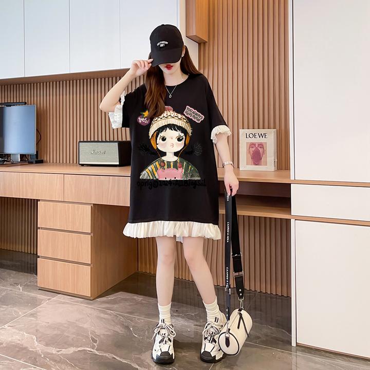 纱网拼接连衣裙女夏季爆款韩版宽松大码洋气减龄纯棉卡通T恤裙子