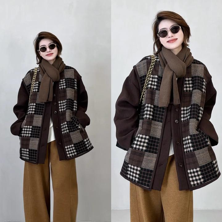 YYOUHAN 2025秋冬【十月沙丘】格纹拼接V领显瘦百搭外套 2509C6026