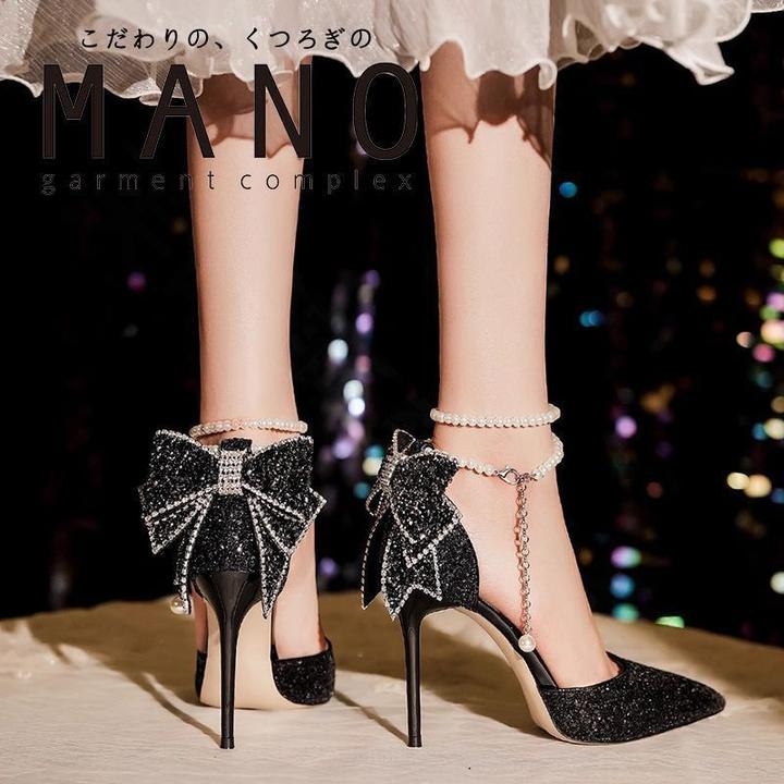 尖头水钻亮片珍珠蝴蝶结高跟鞋气质黑天鹅水晶细跟一字扣带单鞋