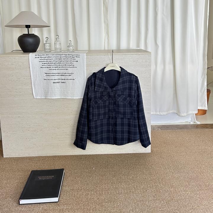 【赵小小&格纹手书】8793 港风格子长袖上衣设计感翻领宽松格纹衬衫
