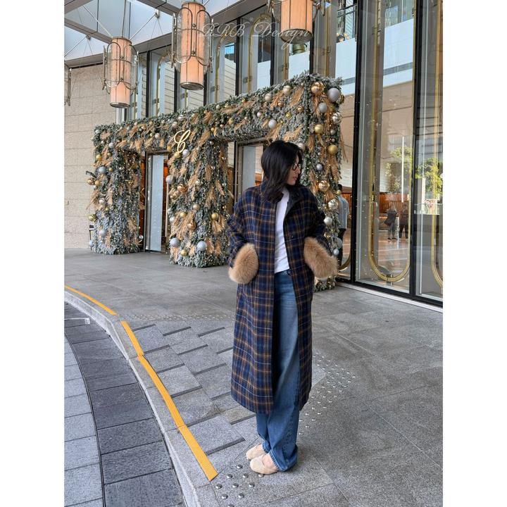 RRB Design 两面穿绵羊毛混纺宽松显瘦立领可拆狐狸毛格纹大衣