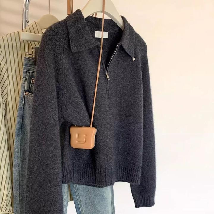 毛衫polo领半拉链气质针织衫高领2025新款秋冬小个子毛衣打底灰色