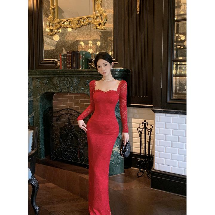 洋气衣服女蕾丝拼接长袖性感方领蕾丝连衣裙收腰开叉包臀长裙