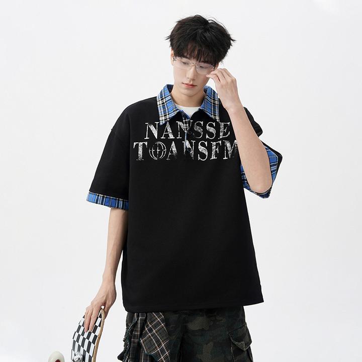 V37【傍晚冰川】假两件Polo衫短袖t恤男夏季新款潮牌美式印花五分袖