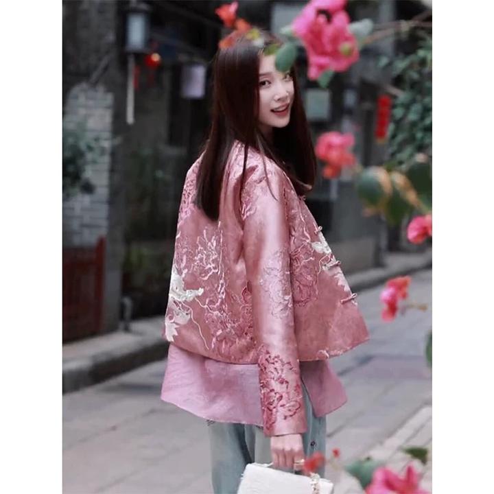 SCD1815高级感春季小个子宋锦新中式国风粉色印花盘扣外套+衬衣女