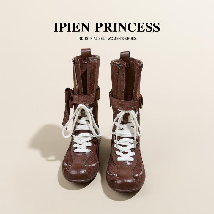 厚底内增高5cm美拉德复古拳击靴女2025秋冬新款系带时尚中筒单靴