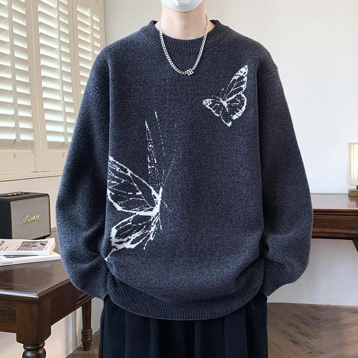 圆领毛衣男秋冬季潮牌针织衫男宽松上衣服高级感慵懒风保暖毛线衣