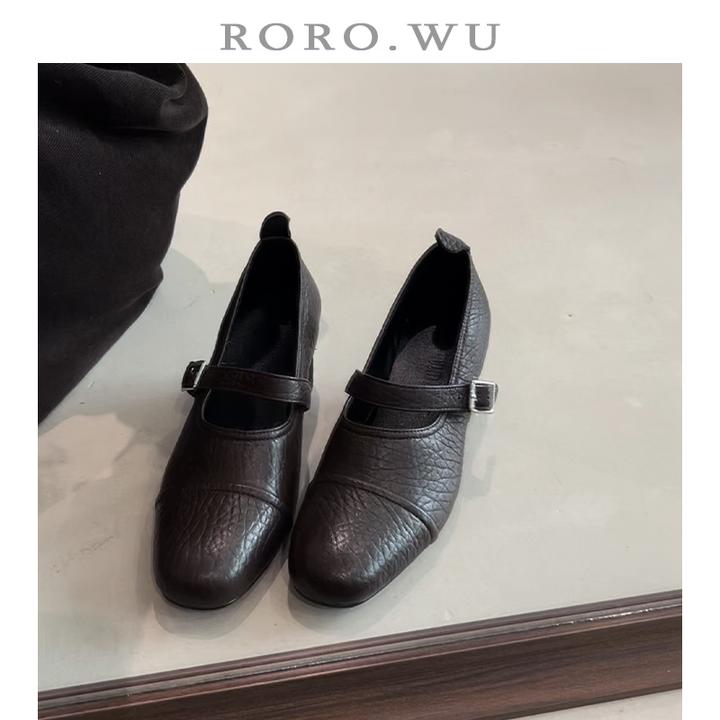 娆娆吴·羊皮日系复古百搭粗跟一字带玛丽珍秋冬新款浅口单鞋女E18