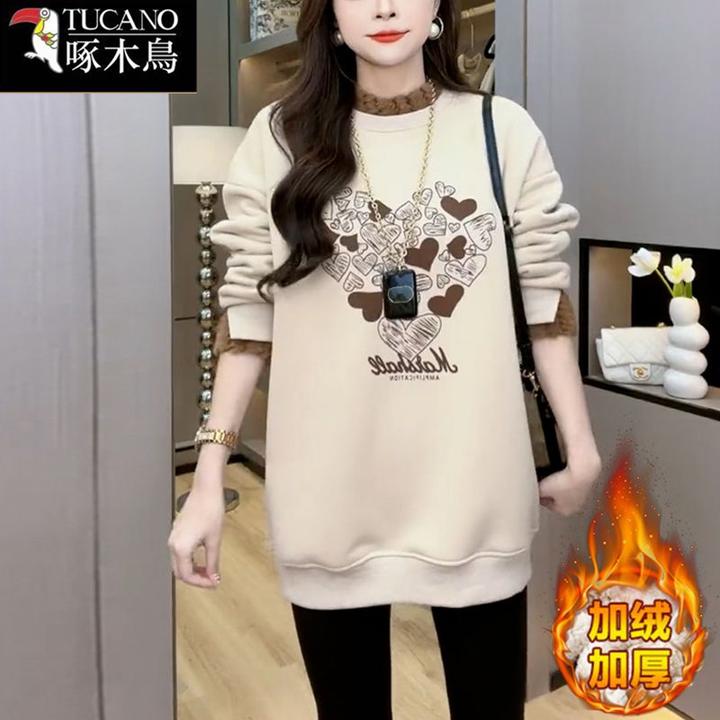 啄木鸟加绒半高领卫衣加绒加厚女2025新款宽松加厚保暖长袖上衣