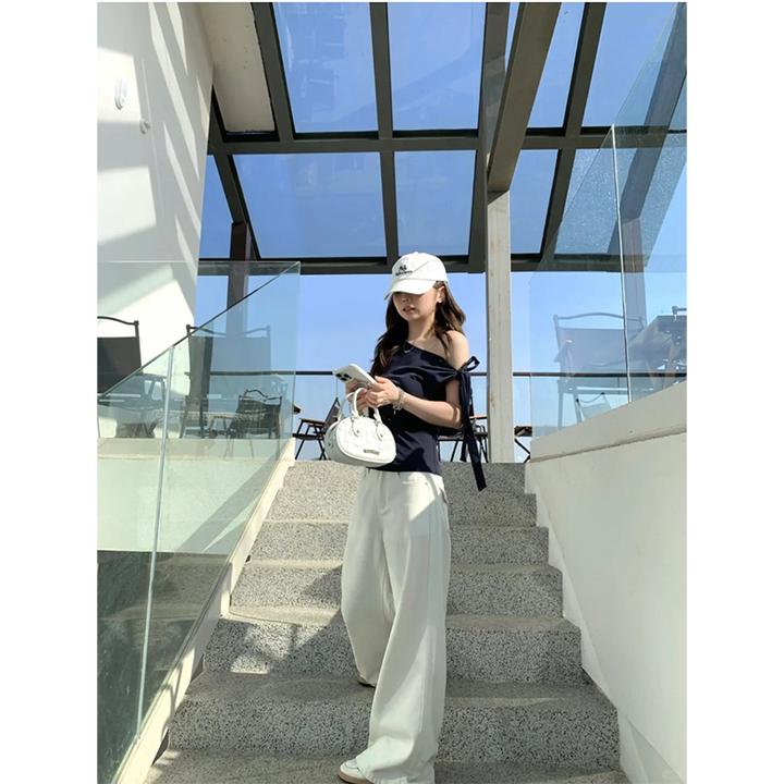 辣妹纯欲时尚气质设计感斜肩绑带上衣T恤百搭显瘦直筒阔腿裤长裤