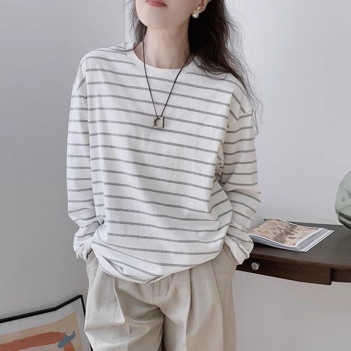 春秋季新款宽松法式撞色圆领套头长袖条纹棉质休闲复古基础款T恤