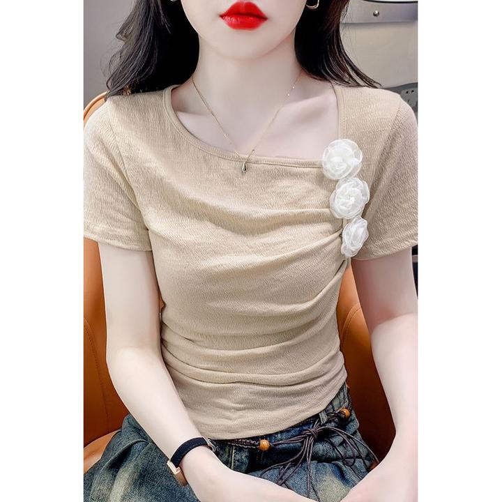 夏季新款纯欲风花朵立体装饰设计感修身T恤短款短袖