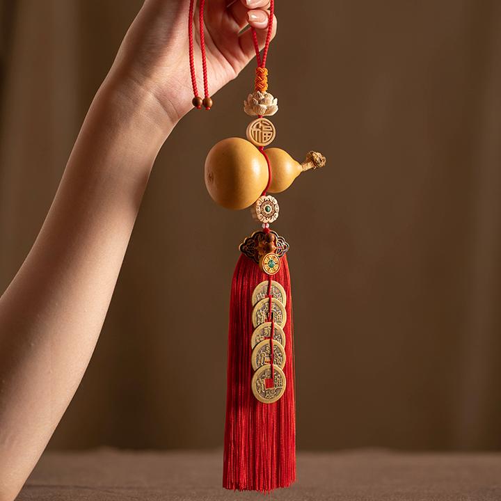 黄铜五帝钱门对门葫芦挂件天然开口大门客厅卧室红色流苏福字挂饰