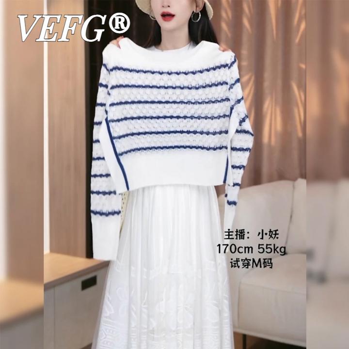 VEFG2025秋冬时尚轻奢高端货新款条纹长袖针织衫女高级感时尚上衣