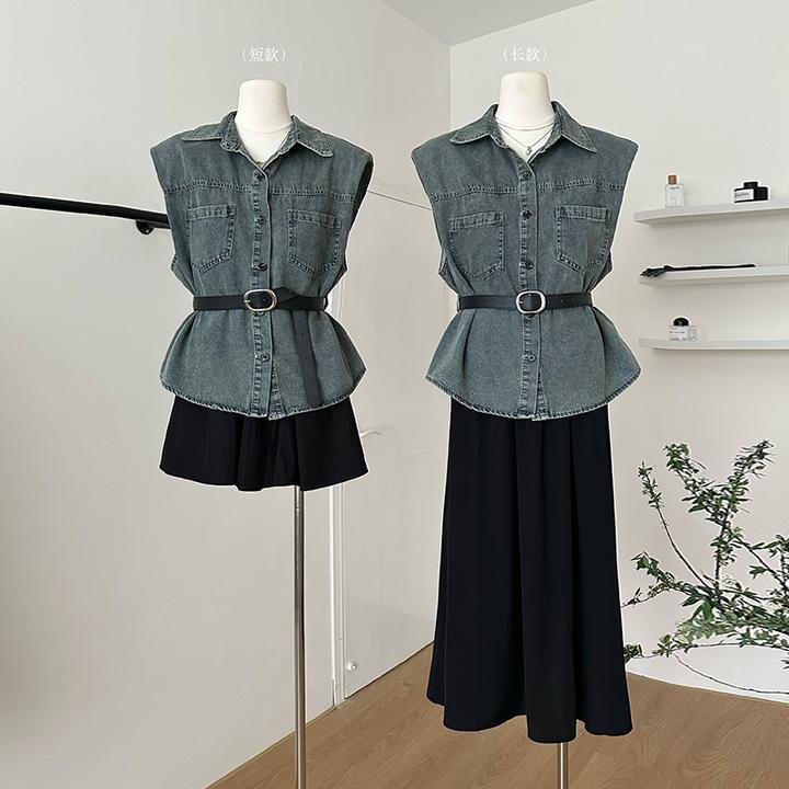 复古蓝色polo领短袖衬衫外套女春季修身牛仔衬衣气质收腰开衫上衣