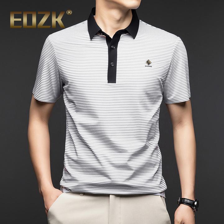 Eozk男士短袖t恤2025新款夏季条纹polo衫简约百搭半袖翻领体恤服