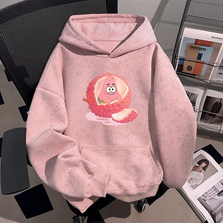 Dekkry可爱风荔枝派大星印花秋冬蜡染粉色连帽卫衣男女款套头上衣