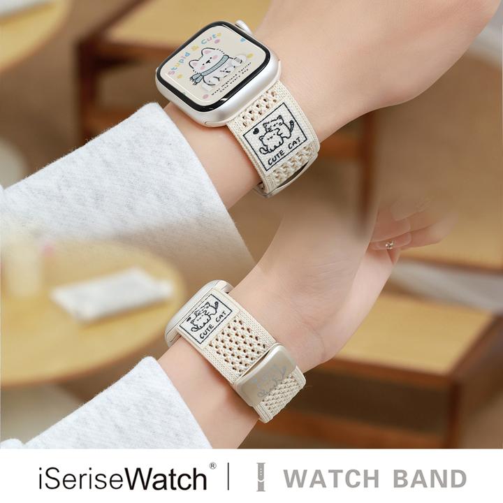 iserisewatch适用苹果手表s11表带iwatchs10尼龙透气磁吸可爱猫咪