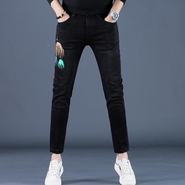 欧洲站秋季男士印花黑色牛仔裤男九分裤潮牌修身小脚休闲裤子牛仔