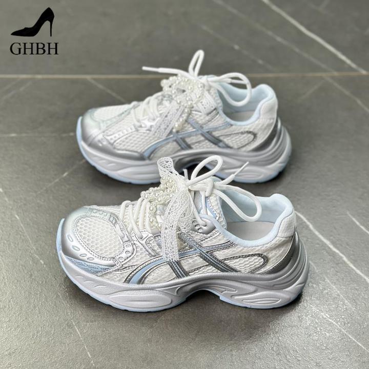 爆款网面透气珍珠系带厚底老爹鞋女2025夏新款百搭休闲跑步运动鞋