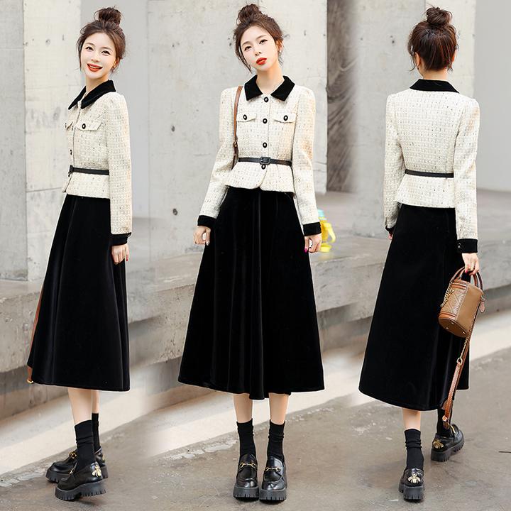 2023新款春装高级感气质小香风外套半身裙黑色套装